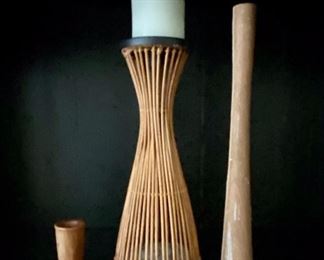 Handmade wood candle holders and wicker candle holder.