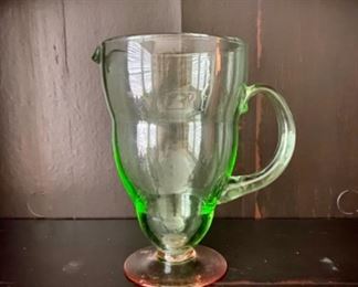 Vintage Tiffin Depression Green and Pink Watermelon Glass Pitcher.