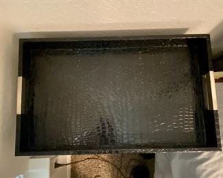 Large black faux crocodile leather tray with gold handles
