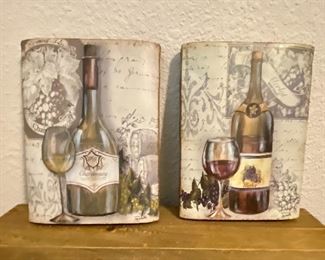 Thick wood slab pictures with wine and wine glasses on them
