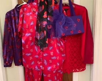 Red Hat Society items, clothes, purses, hats, jewelry
