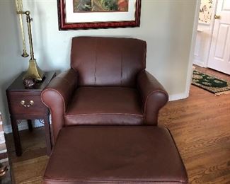 Leather club chair + ottoman, adjustable brass lamp