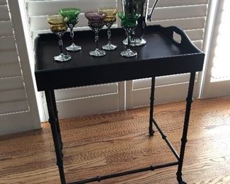 Iron tray table perfect for vintage cocktail shaker & stemware