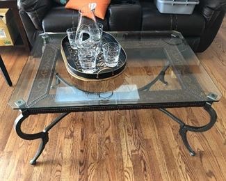 iron & glass coffee table with tole tray & cocktail set