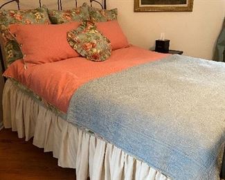 sleep number queen mattress, custom floral bedding on queen Brass Beds of Virginia wrought iron bed