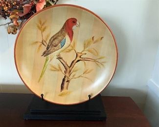 decorative pottery bird plate on stand