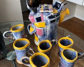 signed pottery mugs & pitcher