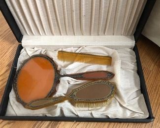 antique vanity set - mirror, comb, brush