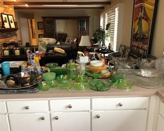 Uranium glass juicers, bowl, pitcher, jar