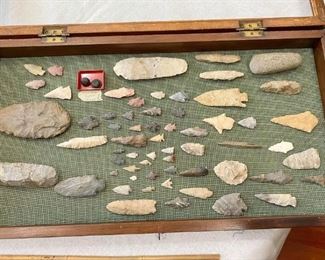 Large tomahawk, selt, spear heads, civil war buttons, metal Alaska arrowhead, hoe, smaller tomahawk, arrowheads. $700