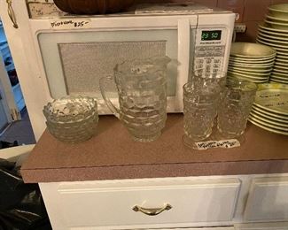 Fostoria pitcher, bowls, tea glasses