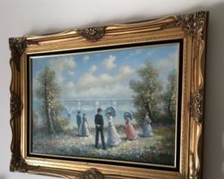 A stroll in the park... lovely oil painting in gold frame 