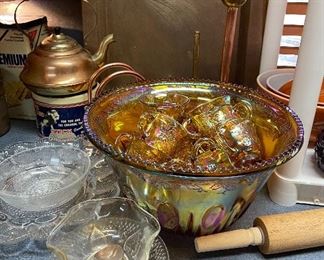Carnival Glass Punch Bowl Set, Signed Copper Platter