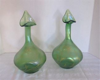 15. $90 Art Nouveau Green Art Glass Vases (2)