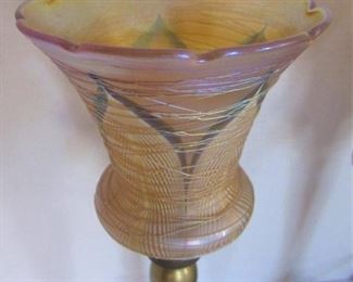 19. $450 Pair of Quezal Art Glass Lamps with pulled feather design, 15.5"h