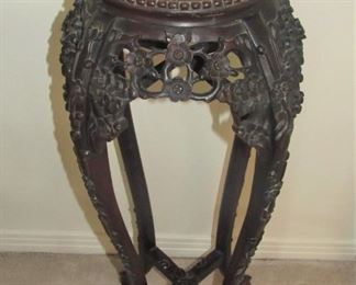 22. $180 Oriental Carved Pedestal Plant Stand with marble top, 12"w x 37"h.