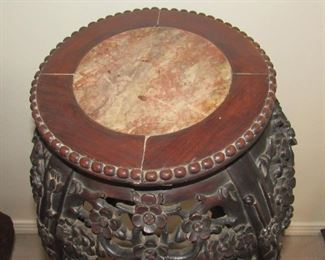 22. $180 Oriental Carved Pedestal Plant Stand with marble top, 12"w x 37"h.