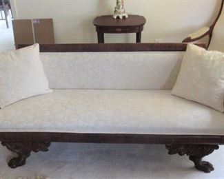 25. $575 Empire Settee with ivory damask and carved paw feet, 86”w x 23”d x 30”h