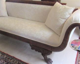 25. $575 Empire Settee with ivory damask and carved paw feet, 86”w x 23”d x 30”h