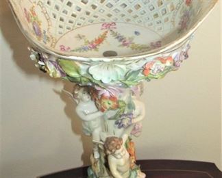 30. $300 Dresden Cherub reticulated Epergne/Compote, marked, 12” x 19.5”h