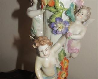 30. $300 Dresden Cherub reticulated Epergne/Compote, marked, 12” x 19.5”h