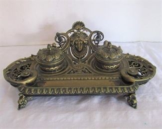 34. $50 Art Nouveau Brass Inkwell with glass inserts, 10”w