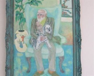 38. $275 Painting, Oil on Canvas, Man and Dog, Mary Hovnanian, 26” x 40”