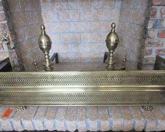 40. $250 Brass Fireplace Fender (49”w x 11.5”h) and Andirons, with tool set