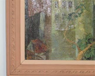 84A. Painting, Oil on Canvas, "Look Younger" Woman with buildings, Mary Hovnanian, peach frame.