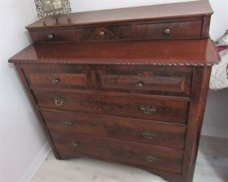 104. $475 Mahogany Burlwood Dresser, 45”w x 21”d x 42.5”h	