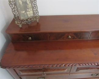 104. $475 Mahogany Burlwood Dresser, 45”w x 21”d x 42.5”h	