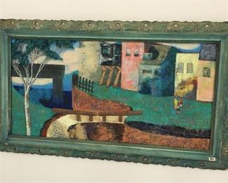 109. $150 Painting, Oil on Canvas, Village/Bridge, Mary Hovnanian, 33”x19” (frame chip)