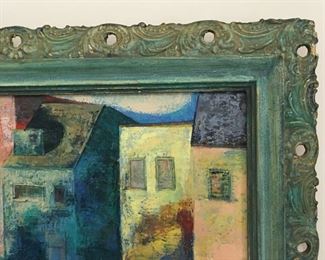 109. $150 Painting, Oil on Canvas, Village/Bridge, Mary Hovnanian, 33”x19” (frame chip)
