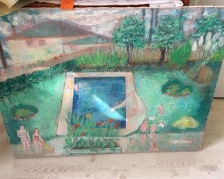 112. $275 Painting, Oil on Canvas, unframed, Swimming Pool, 38” x 28”	