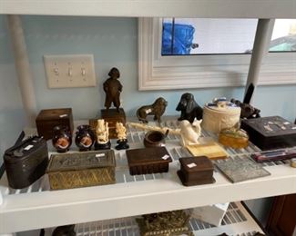 Nice small antique boxes, banks, bone items. Not available for presale. 
