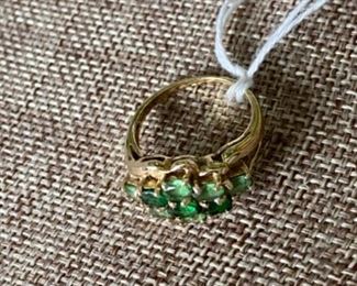 $150 -14kt yellow gold with small emeralds, size 6, 0.11 ounces 