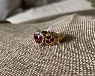 $195 - 10kt gold ring with garnet stones heart shaped  size 5.5 , 0.17 ounces 
