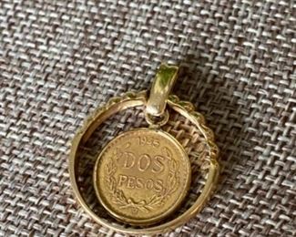 $240 dos pesos coin with 18kt bezel and ring made as a pendant - 0.163 total weight 