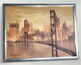 *Original* Art B. William  Painting City & Bridge	Frame: 13x17in