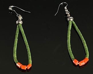 Jade and coral strand bead earrings	3.5in long	