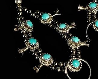 Navajo Squash Blossom Dangle Earrings Turquoise	3in long	