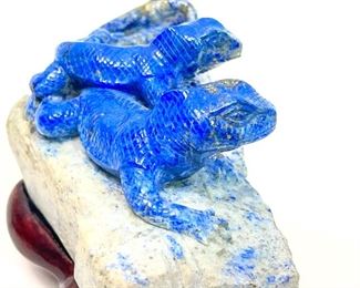 SM Lizards Chinese Hand Carved Lapiz Lazuli Animal Figurine SM	On stand: 3x5.25x2.5in	