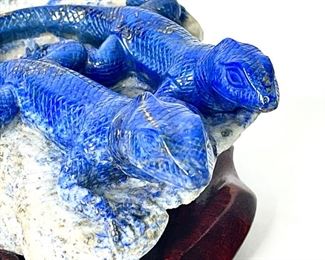 LG Lizards Chinese Hand Carved Lapiz Lazuli Animal Figurine LG	On stand: 3x5.5x5in
