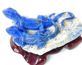  LG Lizards Chinese Hand Carved Lapiz Lazuli Animal Figurine LG	On stand: 3x5.5x5in