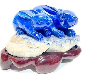 Rabbits Chinese Hand Carved Lapiz Lazuli Animal Figurine	On stand: 2.5x3.75x3in
