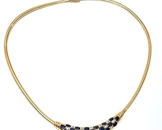 14k Gold Omega Necklace Diamond & Sapphire in case	15in long	
