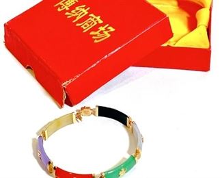 14k Gold Chinese Multi-color Jade Butterfly Bracelet in box	14.5mm w x 6.5in inside circumference