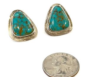 Navajo Sterling Silver & Turquoise Vintage Earrings  PAIR EMT Everett & Mary Teller	24x21x14.5mm