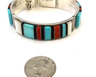 Vintage Zuni Multi Gemstone Inlay Hinged Signed Bracelet Martin & Esther Panteah	16mm w x 6.5 in inside circumference