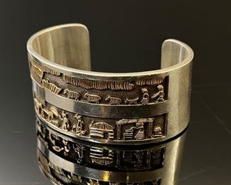 Navajo 14k Gold Sterling Silver Storyteller Farm Cuff Bracelet  Signed HY Henry Yazzie	28.5 W x 6.5 in inside circumference	